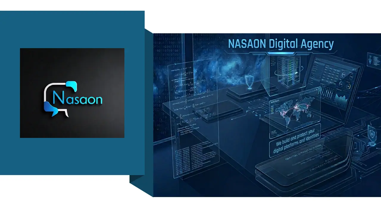 Nasaon Digital Agency hero banner featuring a dark blue high-tech background and digital infrastructure graphics.